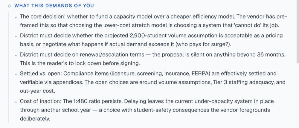 A decision briefing listing what a proposal demands of the reader, including an unvalidated volume assumption and silent renewal terms.